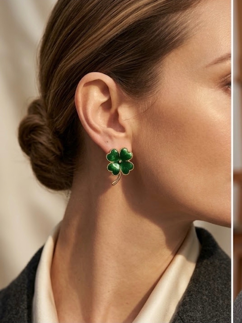 Green Four-Leaf Clover Clip on Earrings - Gold Tone Shamrocks